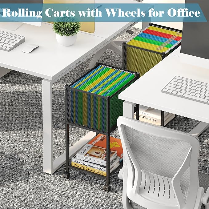 Sbanmao Letter/Legal Rolling File Cart, Narrow Mobile File Cabinet with Wheels Hanging Files, Metal Hanging File Folder Cart File Organizer Under Desk Storage for Home Office, Black