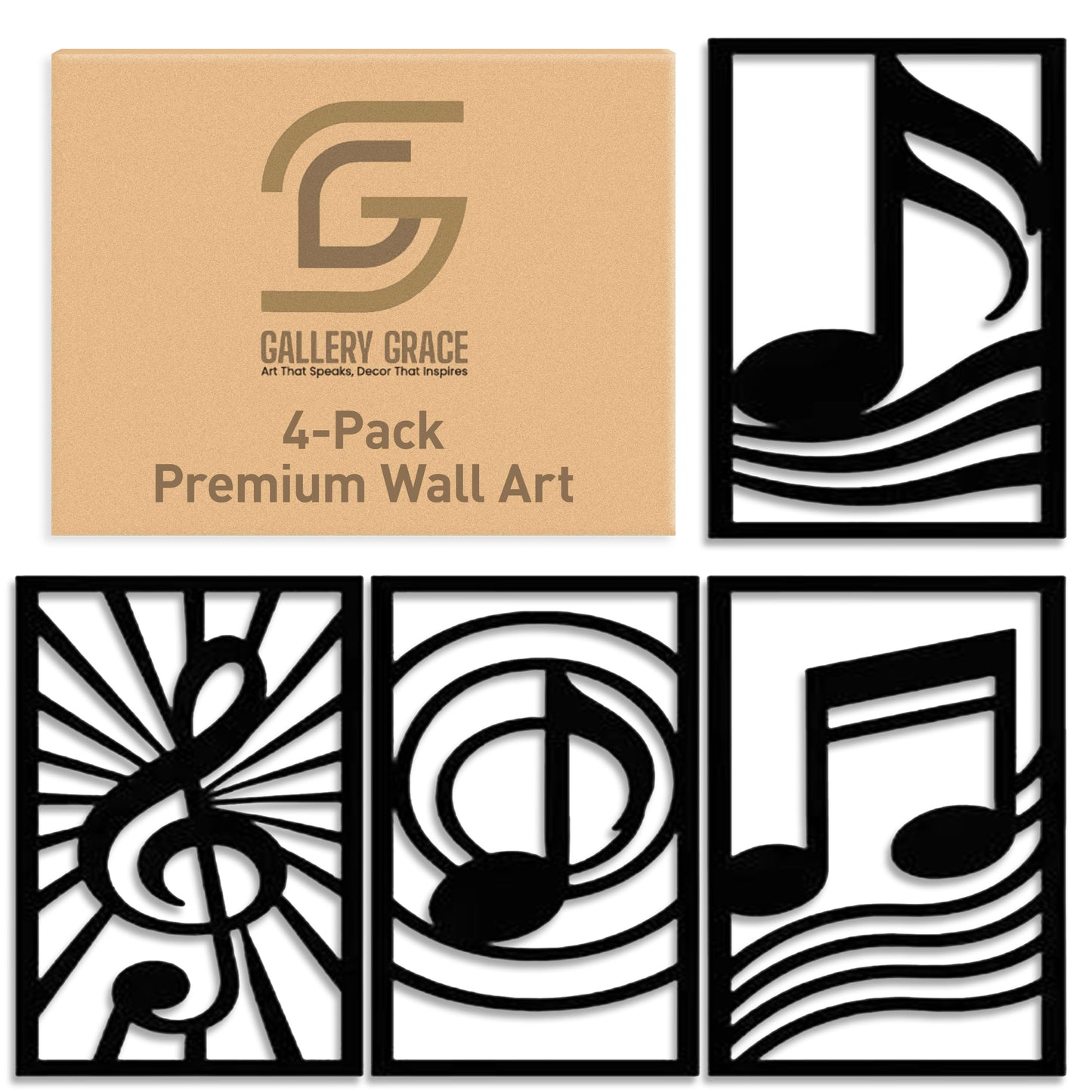 GALLERY GRACE Metal Wall Art Decor – 11" x 16" Set of 4 Single Line Abstract Wall Art for Living Room, Office, or Studio – Modern Minimalist Black Wall Decor with Music Note and Symbol Panels