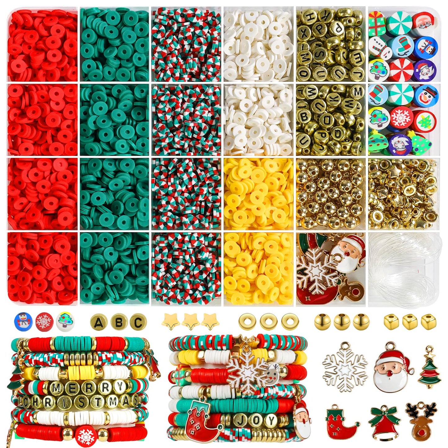 Redtwo Christmas Beads for Bracelets, 3000 Pcs Clay Beads Bracelat Making kit Golden Beads Christmas Crafts Decorations Charms for Jewelry Making, Gifts for Teen Girls Age 6-12