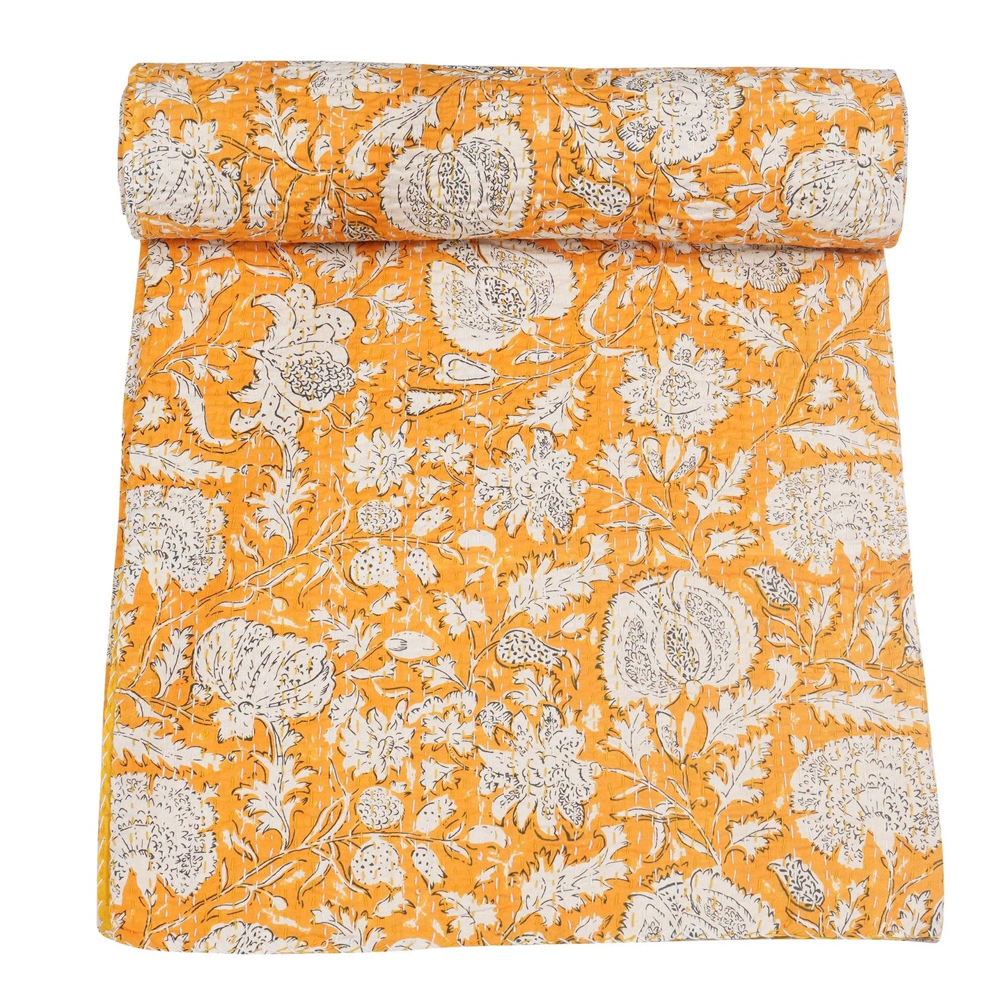 Marubhumi Indian Handmade Traditional Hippie Floral Print Kantha Quilt Indian Cotton Bedding Throw Blanket Bespread Hand Stitched with Love (Yellow, Queen (90"x 108"))