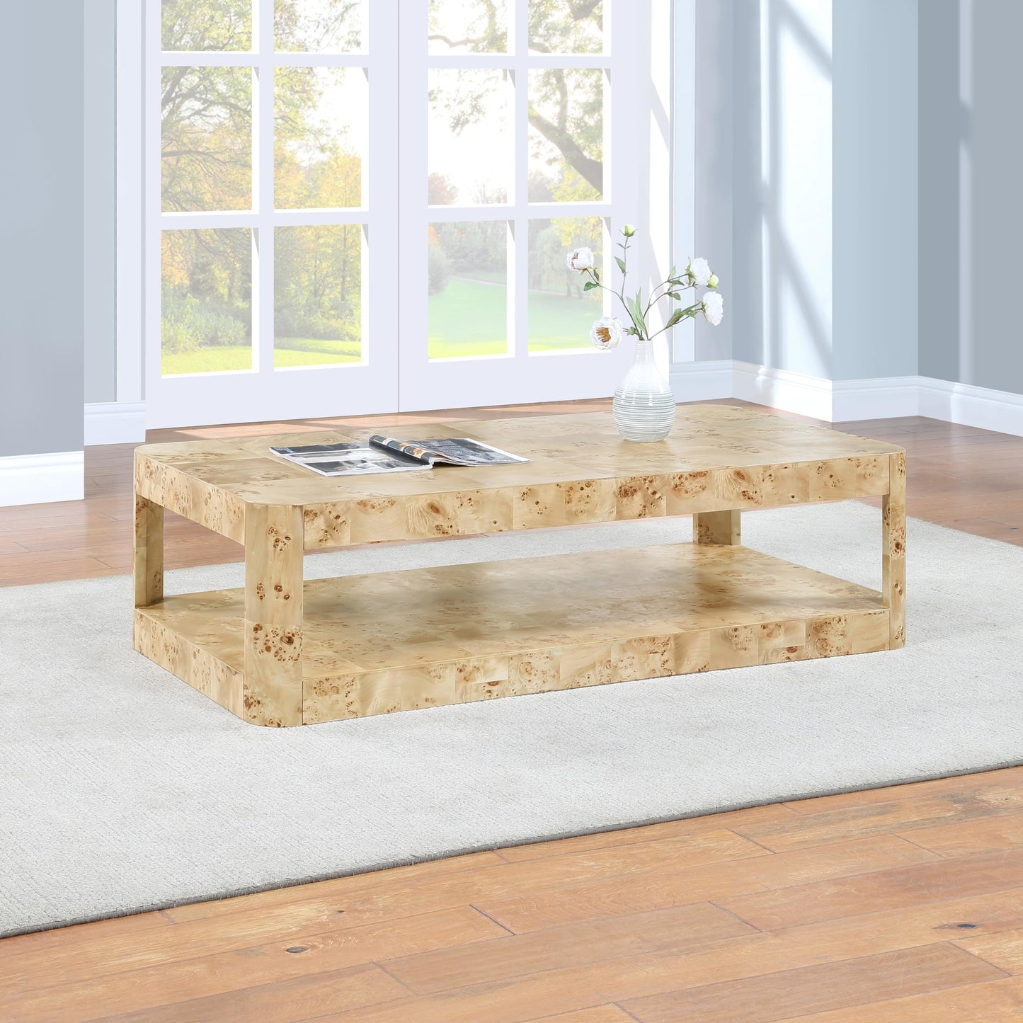 Meridian Furniture 99068Burl-CT Reeves Collection Art Deco Coffee Table with Rich Burl Finish, Burl Veneer, Mix of Solid Wood and MDF, 54" W x 28" D x 15" H, Beige