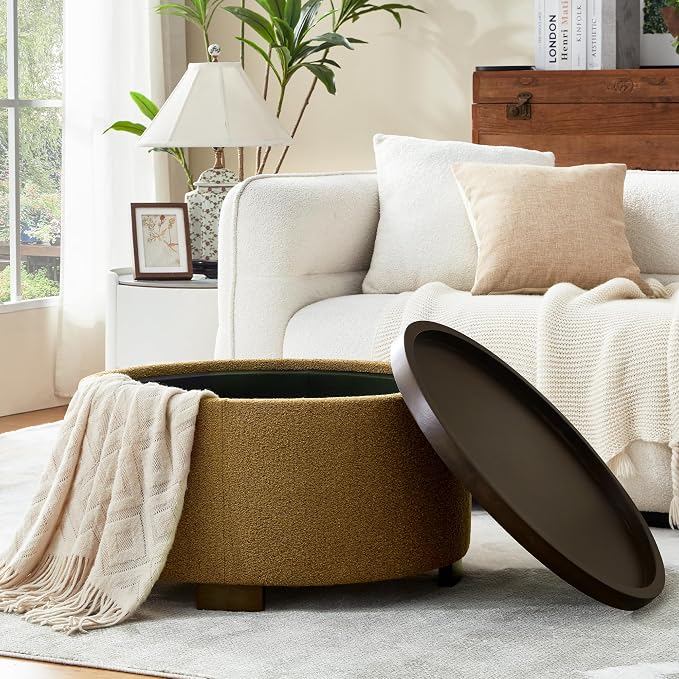 Zihanhome 30 Inch Round Storage Ottoman, Ottoman Coffee Table with Lift Off Lid, Boucle Modern Ottomans with Storage for Living Room, Bedroom, Apartments (Yellow)