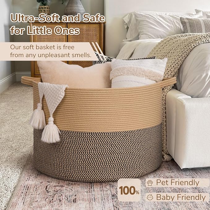 INDRESSME 115L Extra Large Blanket Basket, Woven Baskets for Storage, Wicker Storage Basket for Organizing Woven Laundry Baskets for Toy Pillow Shoe Entryway, Camel & Mix Camel