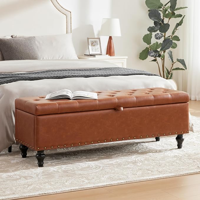 Mangodan 50" Storage Ottoman Bench, Tufted Ottoman with Storage for Living Room, Large End of Bed Ottomans, Modern Entryway Benchs, Window & Bedroom Benches for Foot of Bed (Brown)