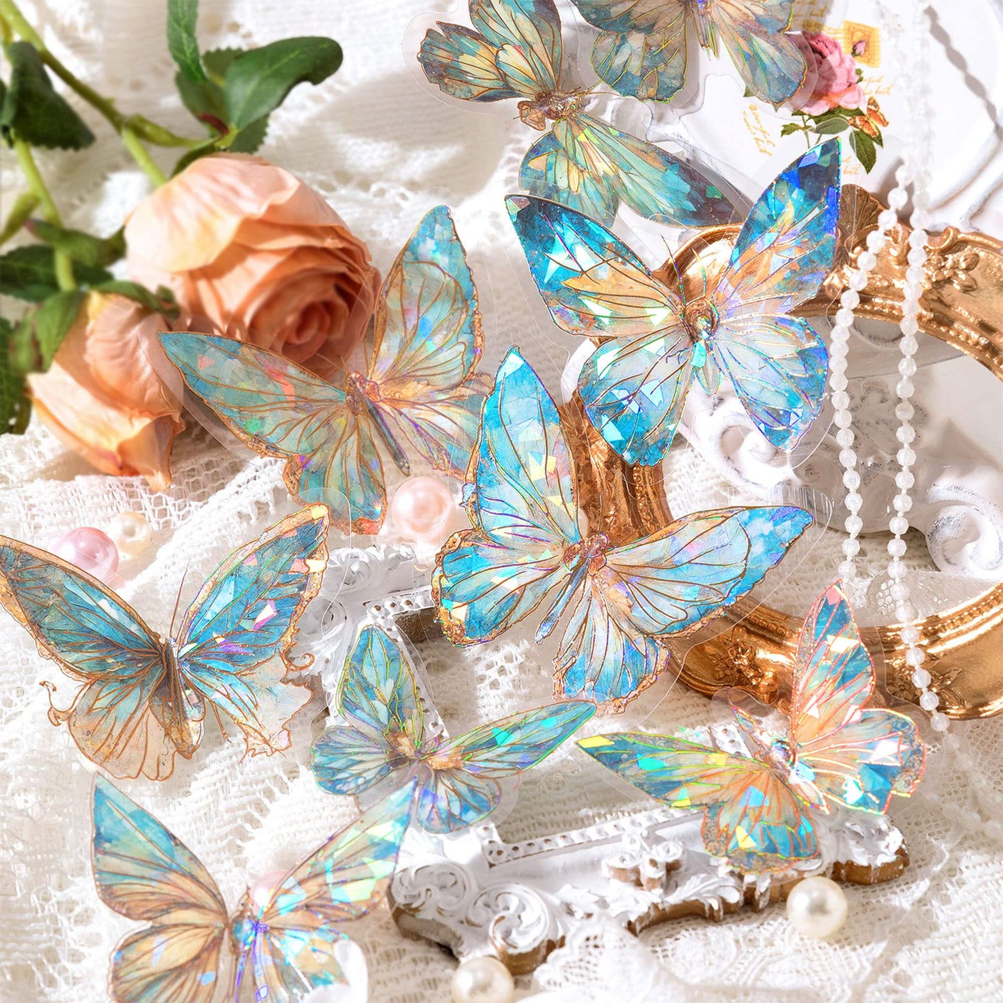 Aromoty Butterfly Stickers Set Ice Crystals Holographic Shiny Transparent Resin Waterproof Stickers Decals 80 Pieces with 4 Themes for Scrapbooking Supplies Junk Bullet Journals Daily Planner Laptop