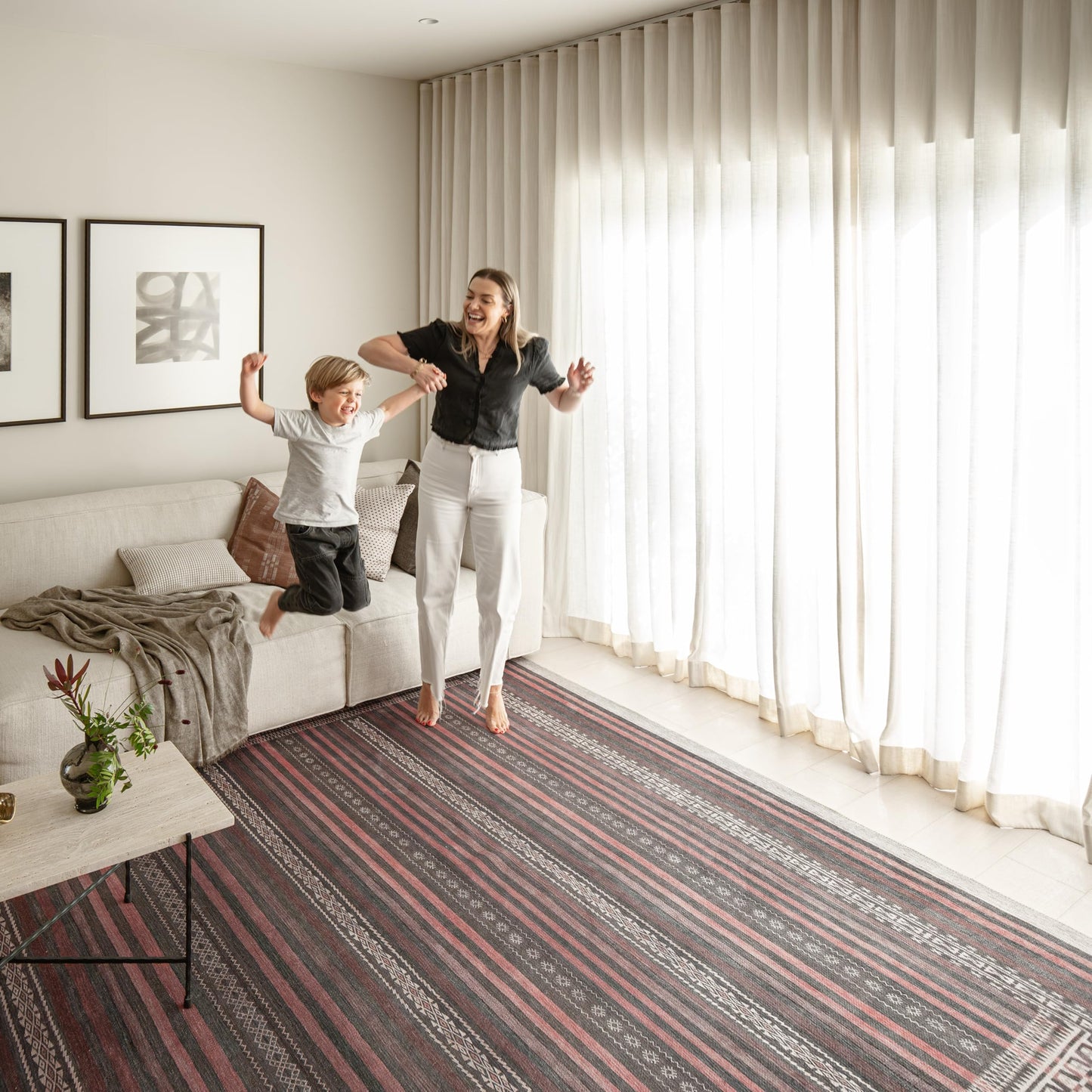KNOTTING MATTERS Vibe Stripe 7’6” x 9’6” Area Rug – Sand, Charcoal & Clay Heritage Flatweave, Low-Pile – Easy Clean Area Rug – Perfect for Living Room, Dining Room, Bedroom – Pet & Kid Friendly