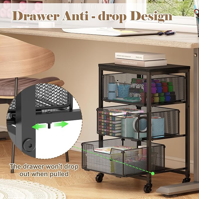 Under Desk Storage Cart with Lockable Wheels, 3-Drawer Rolling Storage Cart, Metal Utility Cart with Drawers for Art Cart, Craft Cart, Classroom, Office, Kitchen, Bedroom