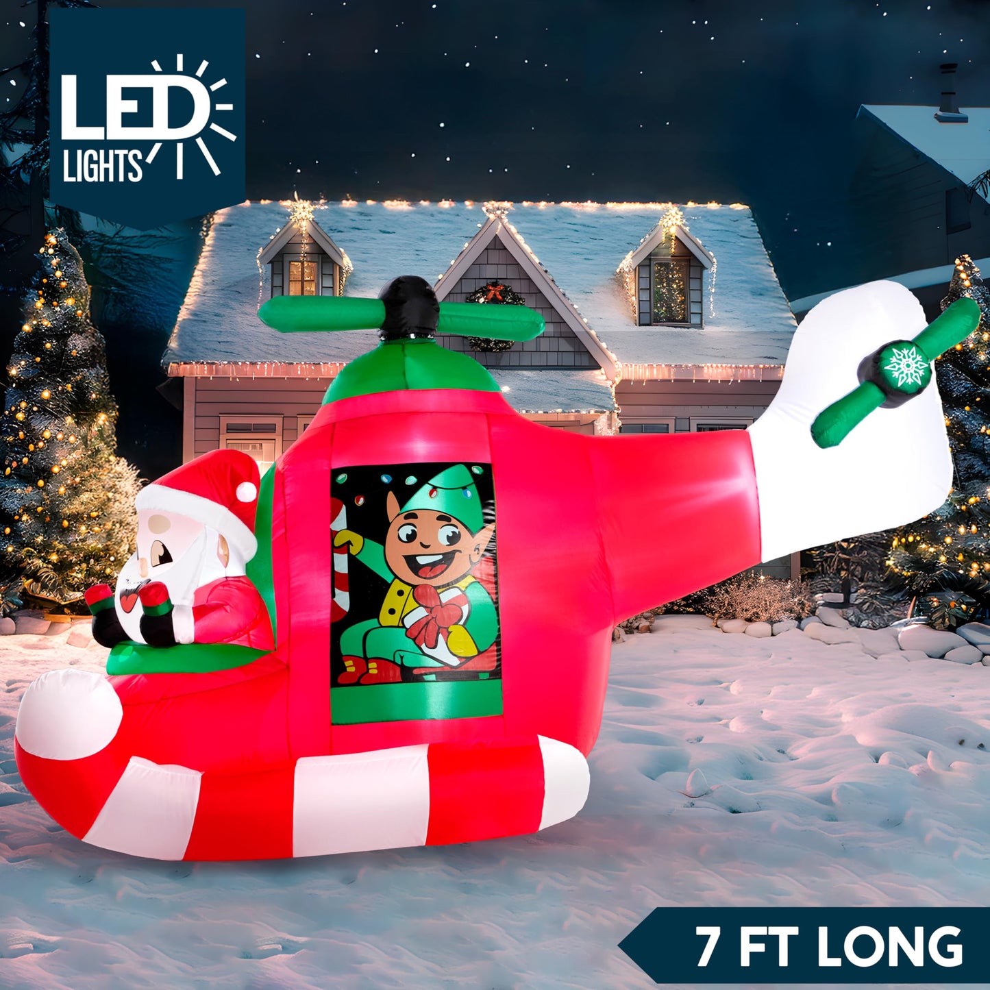JOIEDOMI 7 FT Long Christmas Inflatable Santa Elf on Animated Helicopter, Blow Up Santa Inflatable on Flying Airplane with Rotating Propeller Yard Decor with LED for Xmas Party Garden Lawn Decor