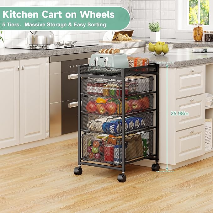 keomaisyto 5-Tier Kitchen Storage Cart with Top Basket & Drawers, Fruit and Vegetable Storage Rack on Wheels, Metal Rolling Cart with Drawers & Kitchen Organization for Snacks, Potatoes, Onions, Cans