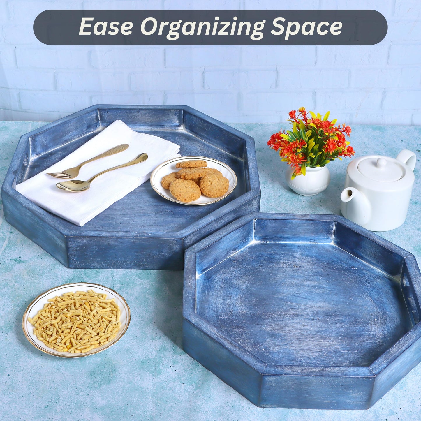 Ottoman Wooden Serving Tray Set of 2 - Decorative Handmade Vanity Platter for Kitchen, Bathroom, Countertop Organizer, Fruit Bowl, Rustic Wooden Trays for Home Décor (Blue) - ALPHA Living HOME