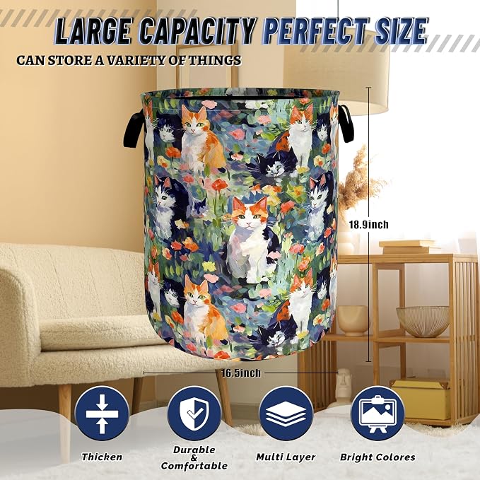 Watercolor Cats Laundry Hamper Foldable Oxford Cloth Cute Animal Cat Laundry Basket With Handle Portable Clothes Storage Organizer Basket 18.9"x16.5" Storage Bag For Laundry Room/Bathroom/Bedroom