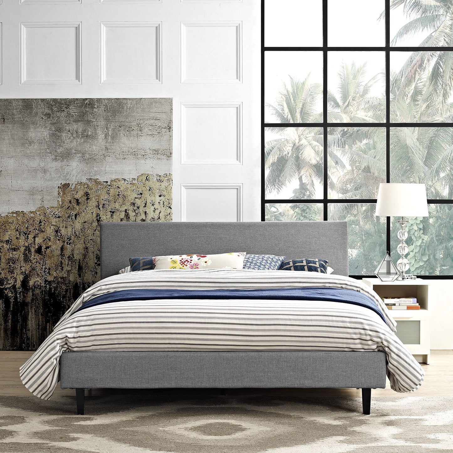 Modway Anya Upholstered Light Gray Platform Bed with Wood Slat Support in Queen