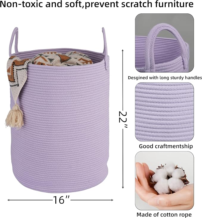 XUANGUO Cotton Rope Laundry Basket Hamper for Clothes Woven Storage Basket for Living Room Bedroom Boho Tall Rope Baskets for Blanket Toys Pillow Towels Baby Nursery Hamper Bin Large purple