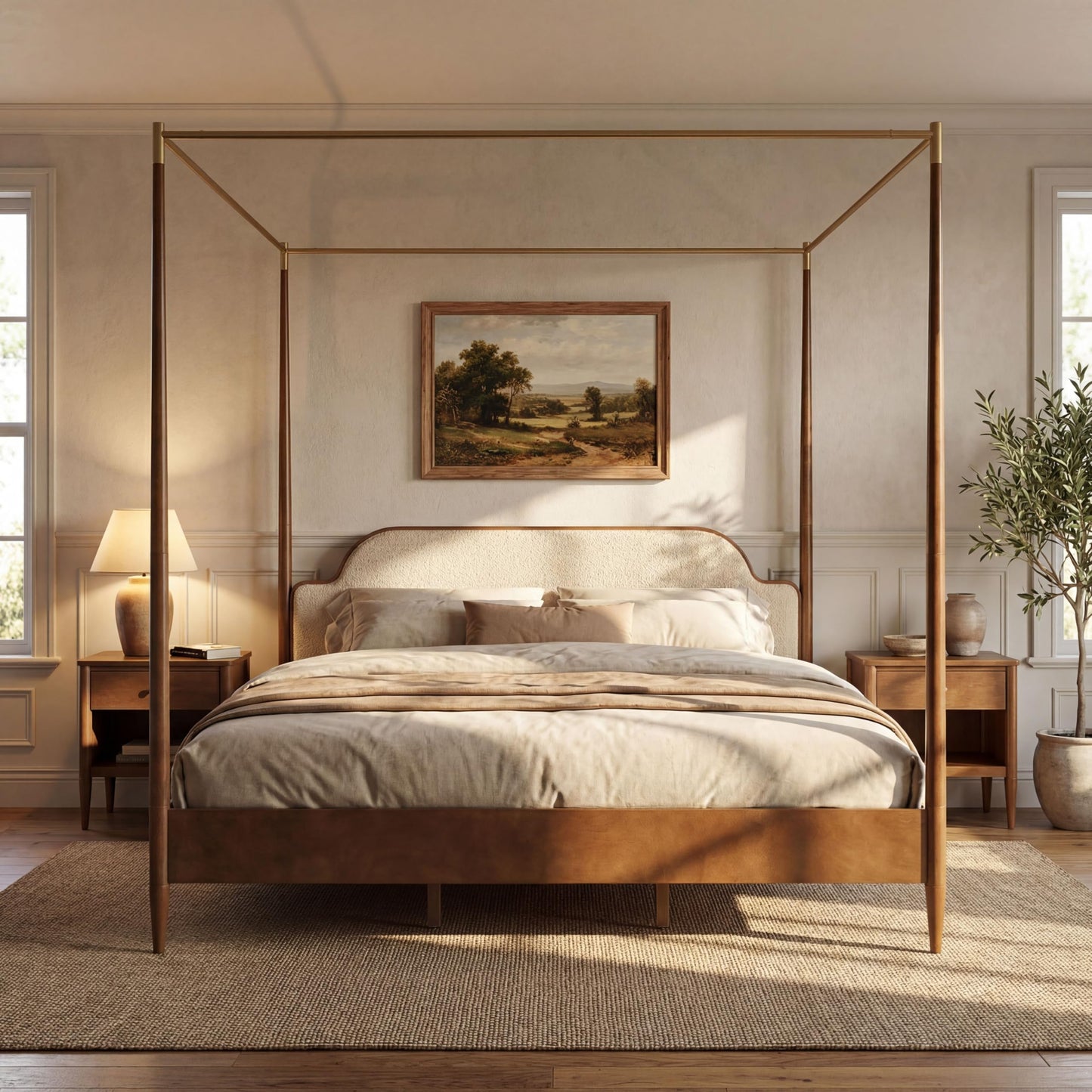 Christopher Knight Home Calos Canopy Bed Frame King Size with Upholstered Headboard, Solid Wood Four-Poster Platform Bed Frame, Wooden Slats Support, No Box Spring Needed, Easy Assembly, Brown