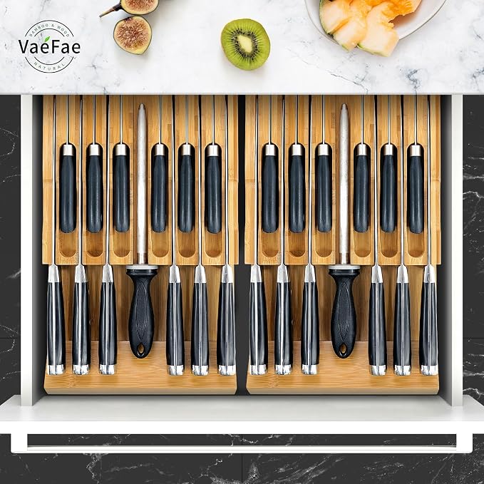 VaeFae Bamboo Knife Drawer Organizer, Knife Drawer Organizer Insert, Kitchen Drawer Knife Block for 12 Knives and a PLUS Slot for your Knife Sharpener (Without Knives)