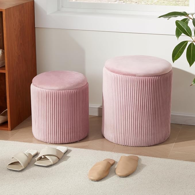 Royal Windsor Round Ottoman with Storage Set of 2,Vanity Stool with Storage for Bedroom, Ottoman Coffee Table,Small Velvet Foot Stool for Living Room, Pink