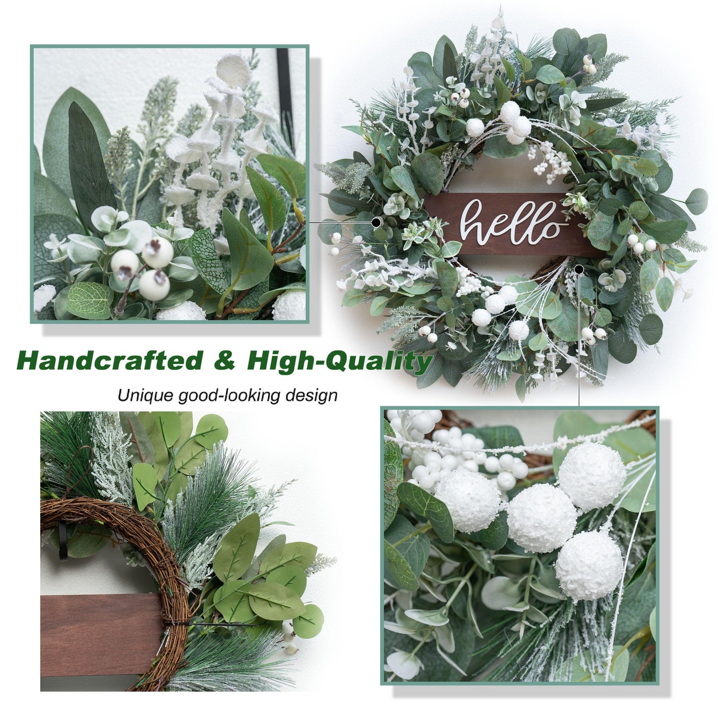 Winter Wreaths Front Door, Soomeir 24 Inch Winter Door Wreath with Snow Leaves, Pines Needles and Hello Wooden Sign for Home Window Mantle Indoor Outdoor Decor