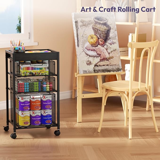 SWTYMIKI Rolling File Cart with Drawers - 4 Tier Under Desk Storage Craft Rolling Organizer Cart - Office Storage &Organization, Mobile Metal Filing Cabinet for Office and Home Black