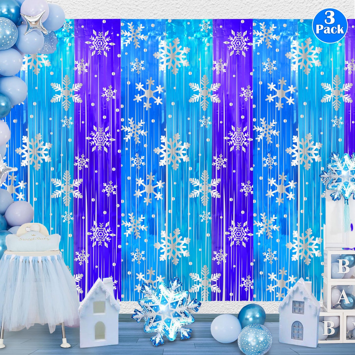 3 Pack Birthday Party Decorations Snowflake Tinsel Foil Fringe Curtains for Kids Frozen Birthday Backdrop Winter Christmas Holidays Photo Booth Prop Backdrop Streamer 3.3x6.6ft