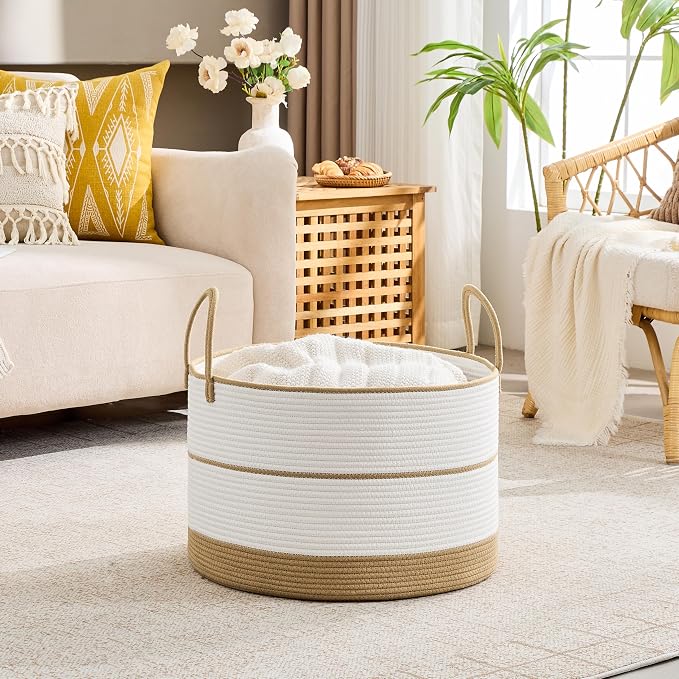 KAKAMAY Cotton Rope Storage Basket (20"x13"),Woven Blanket Baskets for Toys,Pillows,Clothes,Sturdy Handles Decorative Basket for Living Room, Bedroom,Nursery(Brown/Black)