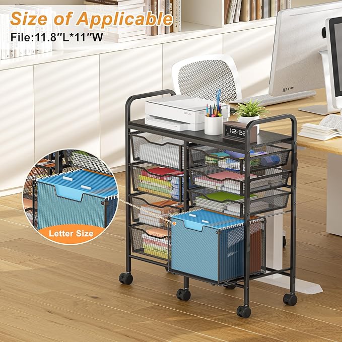 Aokitsink Rolling Cart with Drawers,8-Drawer Storage Cart with Wooden Tabletop and Lockable Wheels,Craft Storage & Art Supply Organizer,Letter-Size File Drawer for Classroom, Office & Home
