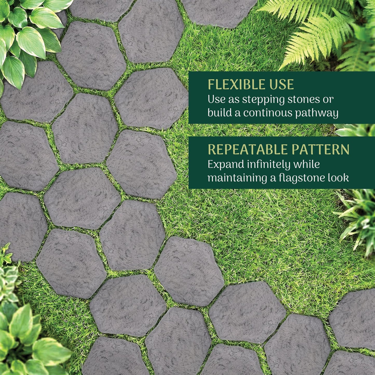Arcadia Garden Products Set of 4, 16x17” Dark Gray Stepping Stone Fiberclay Pavers, Outdoor Garden Natural Repeatable Pattern Pathway, Faux Stone Decorative Landscaping Walkway