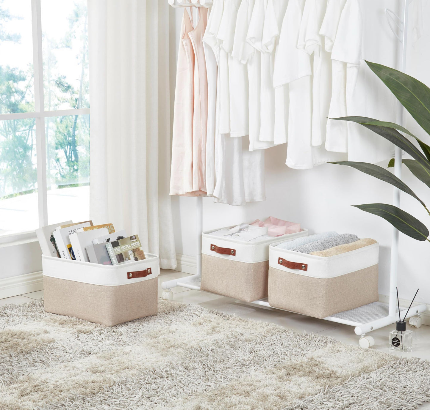 DECOMOMO Storage Baskets for Shelves - Fabric Storage Bins, Linen Closet Organizers and Storage (Beige & White, Large - 1 Pack)