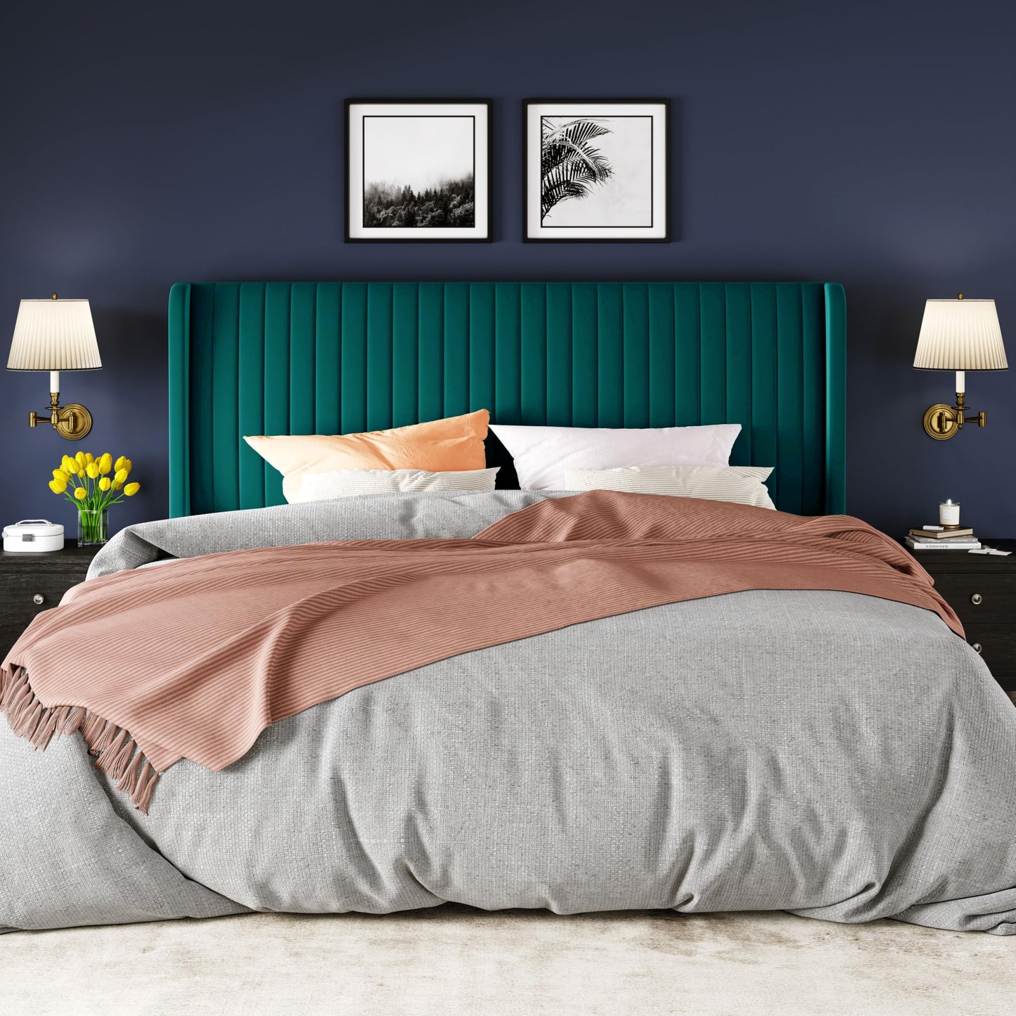 Allewie King Size Bed Frame/Velvet Upholstered Platform Bed/Vertical Channel Tufted Wingback Headboard/Strong Wooden Slats/No Box Spring Needed/Easy Assembly/Teal