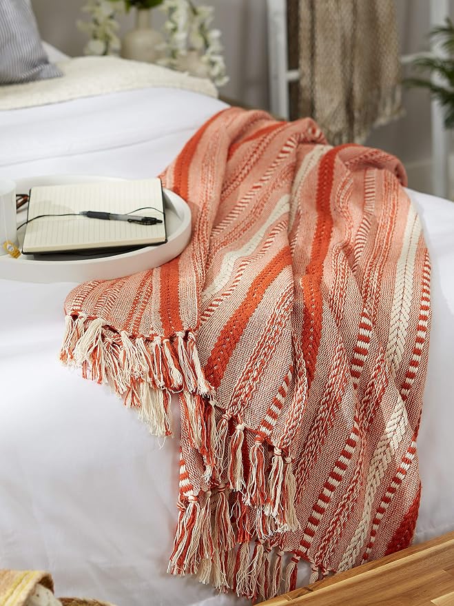 DII Braided Striped Decorative Throw Blanket, 50x60, Vintage Orange/Red