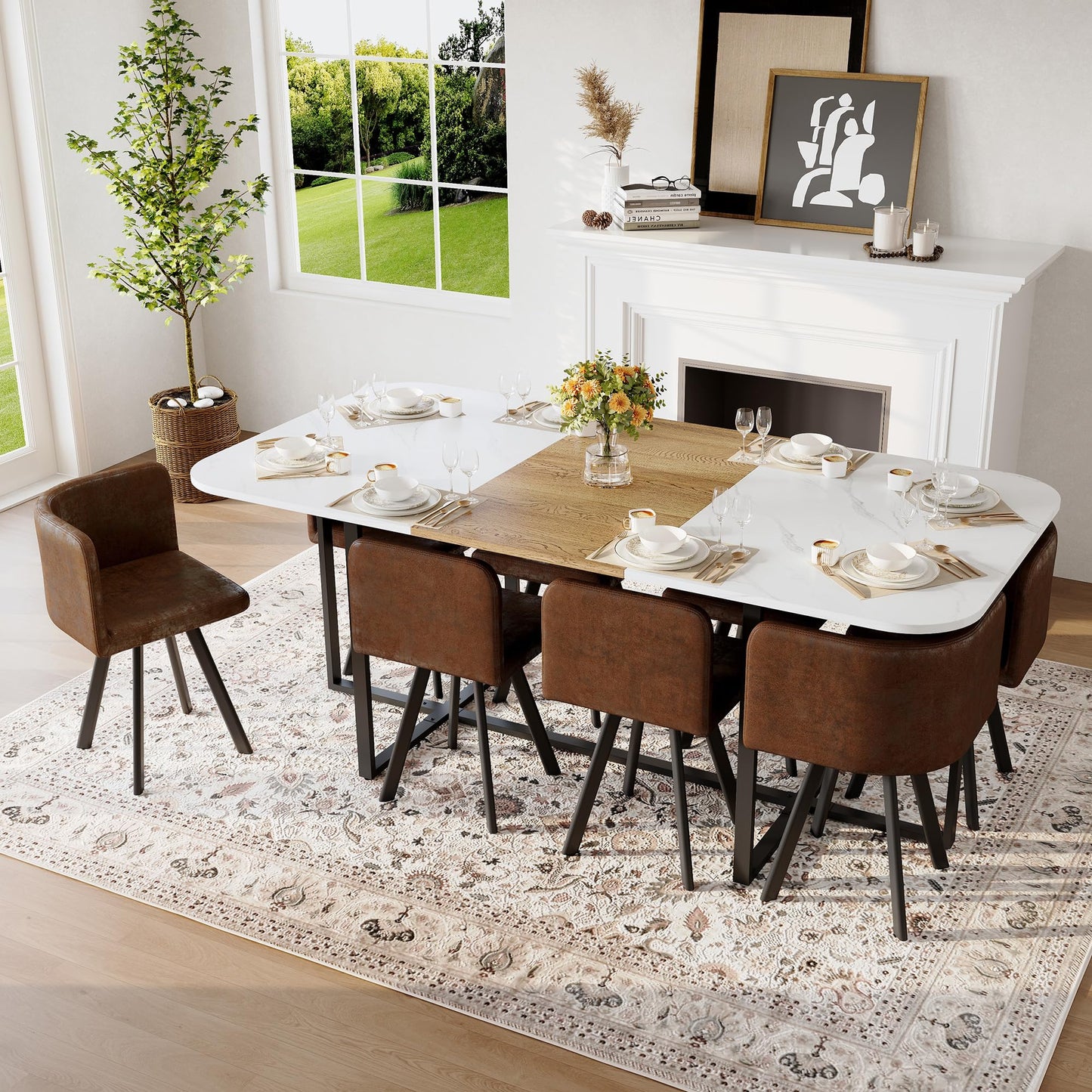 KEIKI 79" Dining Table Set for 8, Rectangular Kitchen Table Set with White Faux Marble & Wood Grain Top, Modern Dining Room Set with 8 Brown Suede Chairs, Large Family Dining Table Furniture