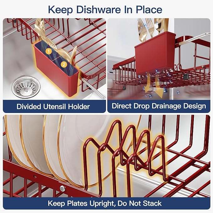 JASIWAY Red Expandable Stainless Steel Dish Drying Rack Over The Sink for Small Kitchen, Counter Space Saving Compact Plate Drainer Strainer, Adjustable Hanging Metal Dish Dryer with Utensil Holder