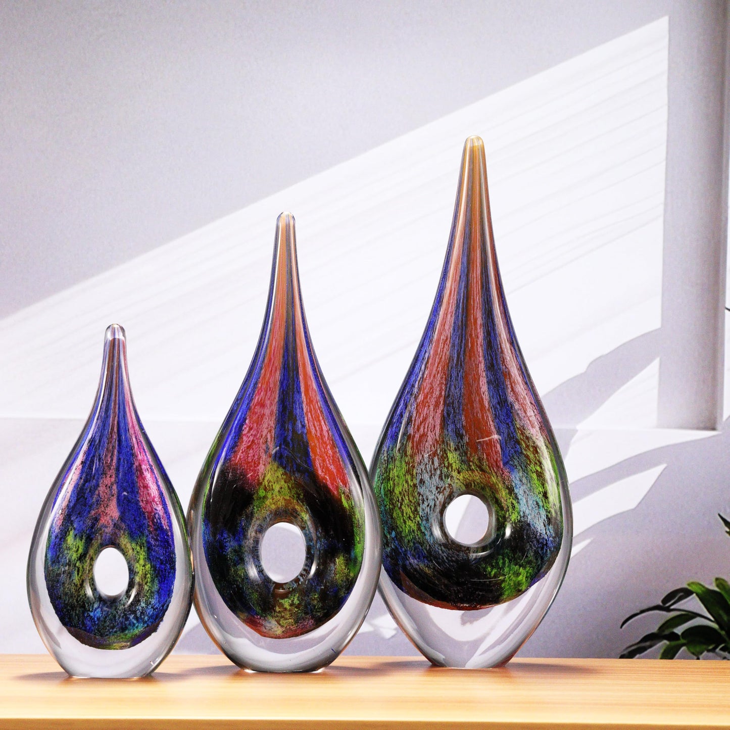 Luxury Lane Hand Blown Abstract Hollow Tear Drop Sommerso Art Glass Sculpture for Home Decor 8.5 inch Tall Centerpiece Table Decoration