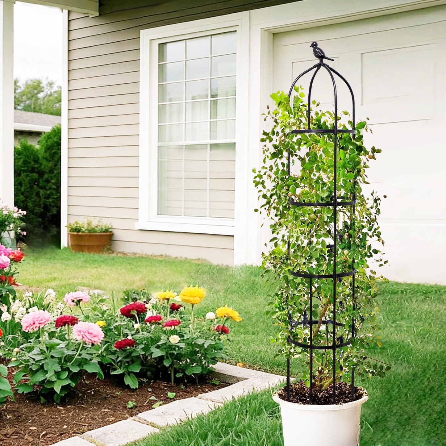 4-Pack 6FT Garden Obelisk Trellis for Climbing Plants,Adjustable 4-Tier Metal Plant Support,Rustproof Outdoor Plant Tower with 3 Decorative Tops for Roses,Tomatoes,Clematis & Vines,Black