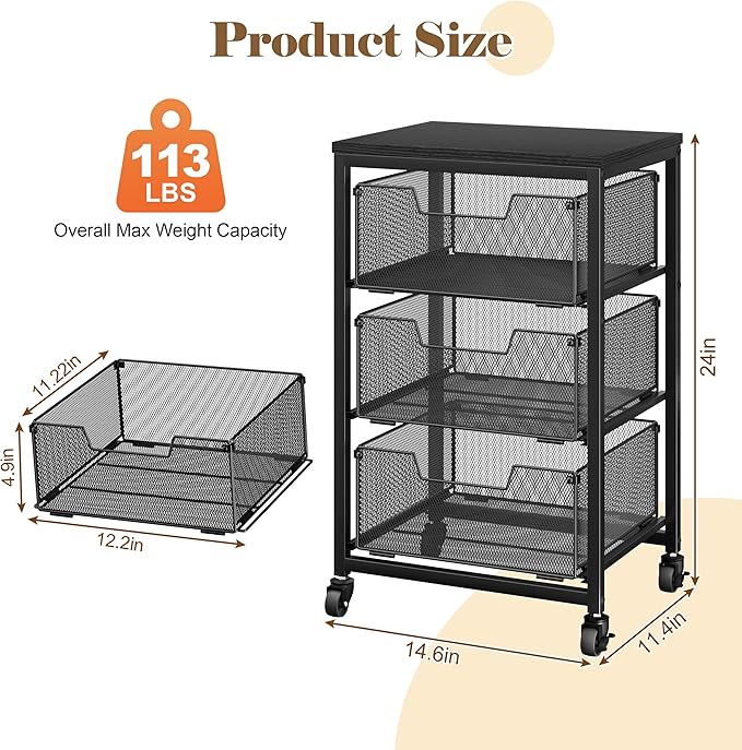 Under Desk Storage Cart with Lockable Wheels, 3-Drawer Rolling Storage Cart, Metal Utility Cart with Drawers for Art Cart, Craft Cart, Classroom, Office, Kitchen, Bedroom