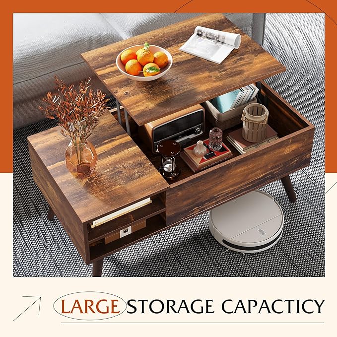 WLIVE Coffee Table with Lifting Top, Hidden Storage & Adjustable Shelf for Living Room Small Space, Multifunctional Rising Wooden Center Table, Mid Century Modern Tables for Home Dining Office, Brown