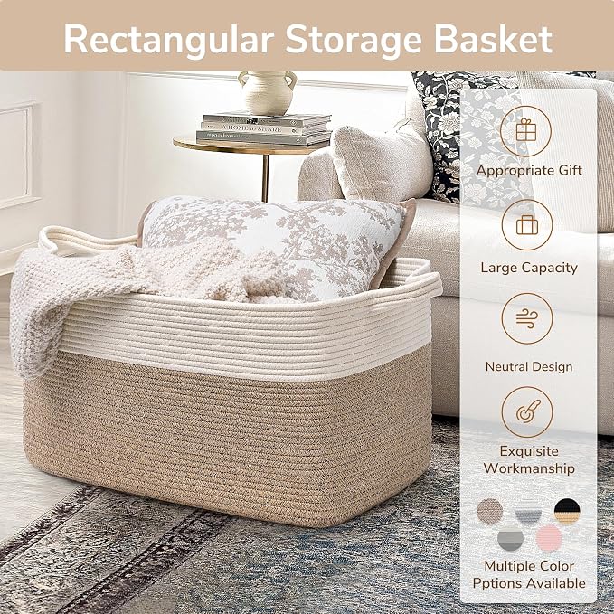Goodpick Large Woven Blanket Basket 21.6" x 14.9" x 11.8" Storage Baskets for Organizing, Cotton Rope Basket for Home Decor Living Room Nursery, Toy Baskets Storage Kids, White & Camel Mix
