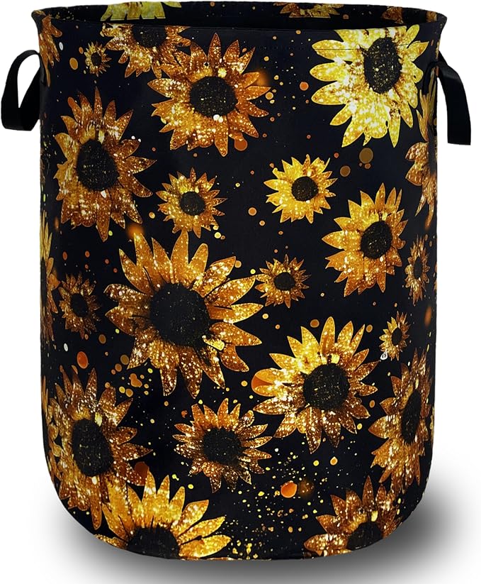 Beautiful Sunflower Laundry Basket Foldable Oxford Cloth Yellow Floral Laundry Hamper With Handle Portable Clothes Storage Organizer Basket 18.9"x16.5" Storage Bag For Laundry Room/Bathroom/Bedroom