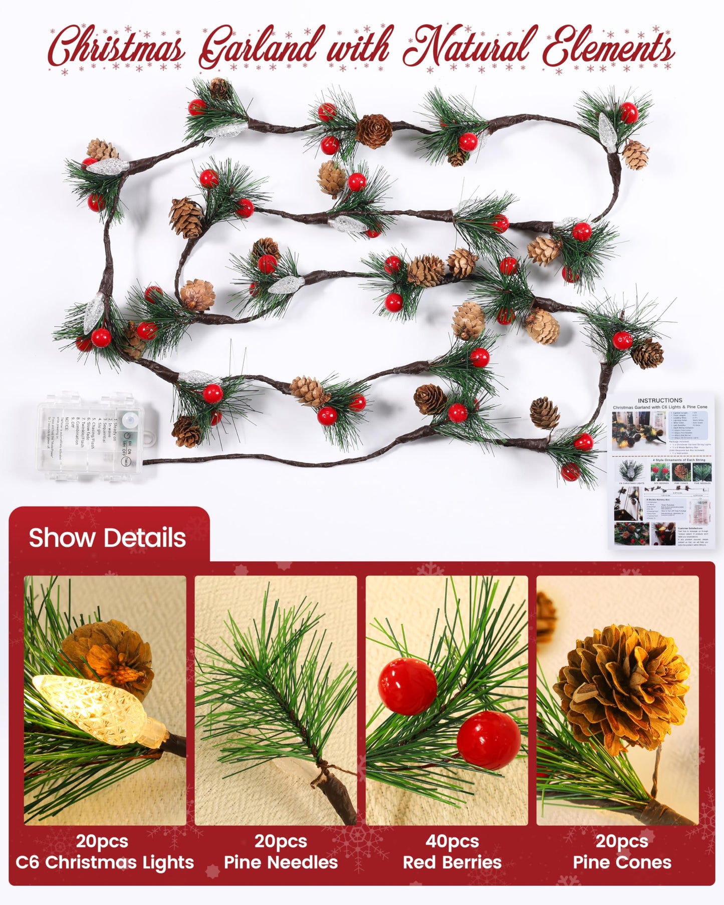 Christmas Garland with Lights,7FT Pinecones Christmas String Lights with Red Berries,Needles,20Led C6 Christmas Lights Battery Operated Prelit Garland for Xmas Decorations Indoor Outdoor