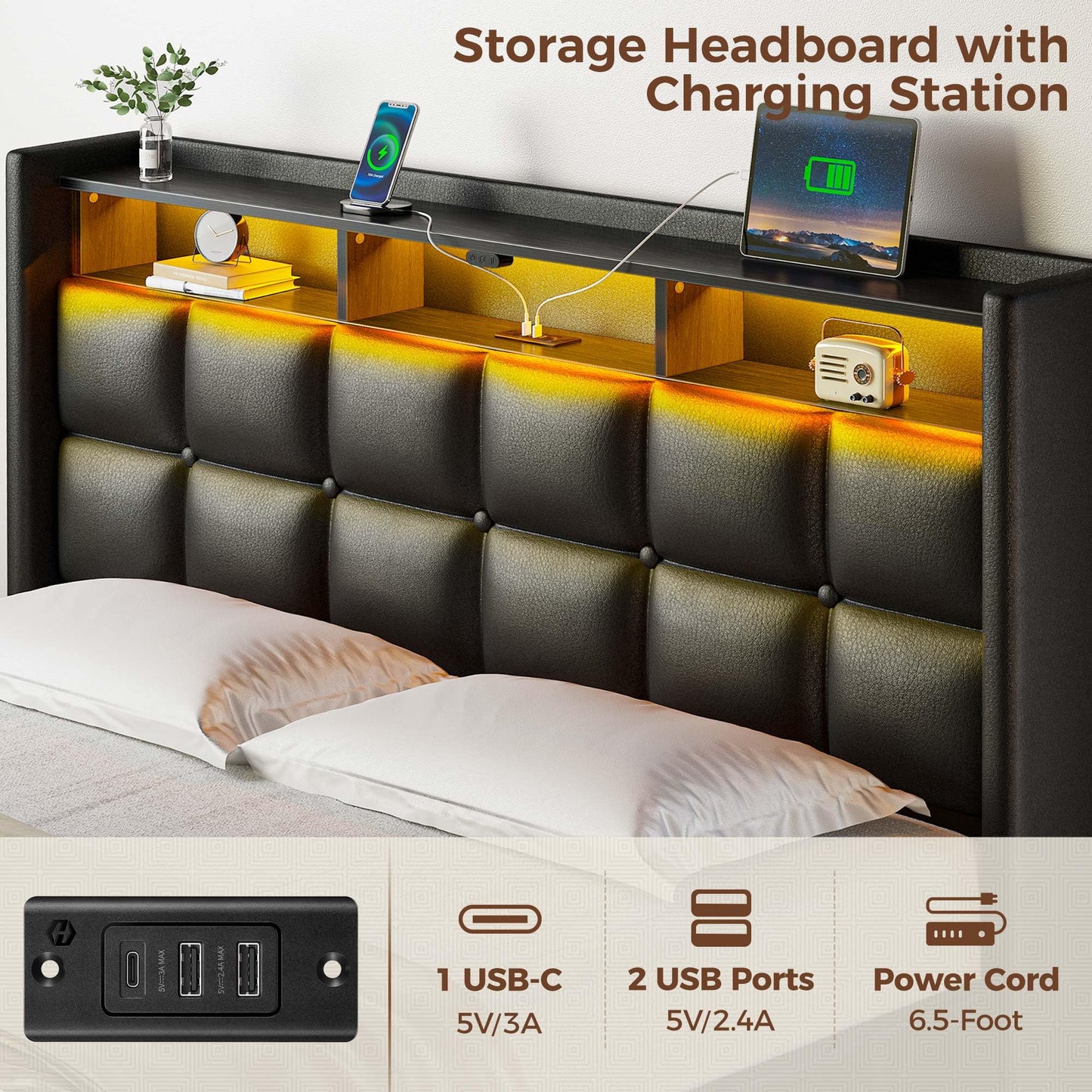 Rolanstar Bed Frame Full Size with Lift Up Storage, Charging Station & LED Lights, Upholstered Storage Headboard, Heavy Duty Wooden Slats, No Box Spring Needed, Noise Free, Easy Assembly, Black