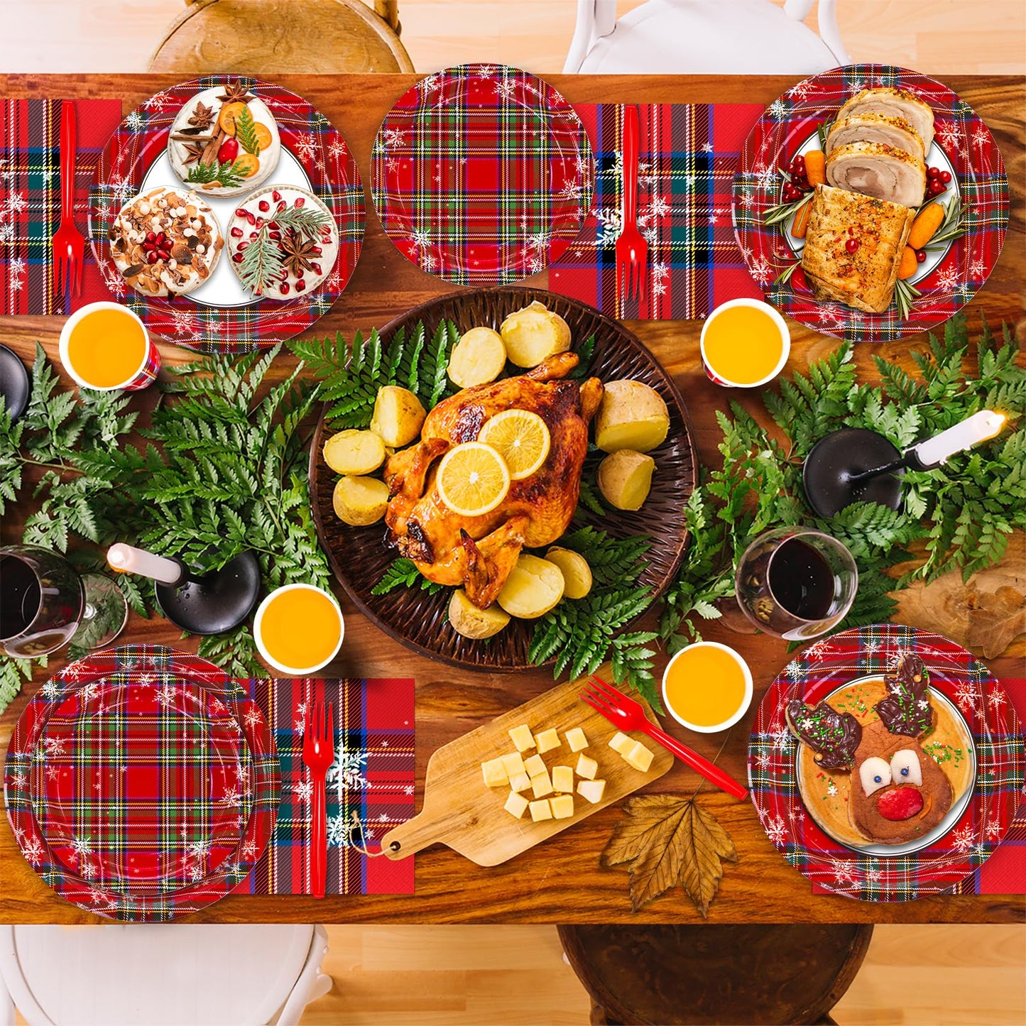 DYLIVeS Tartan Plaid with Snowflake Party Supplies, Tartan Plaid Decorations Disposable Dinnerware Set, Red and Green Plaid 9.2" Dinner Plates, 7" Dessert Plates, Napkins Cups Forks, Serves 24