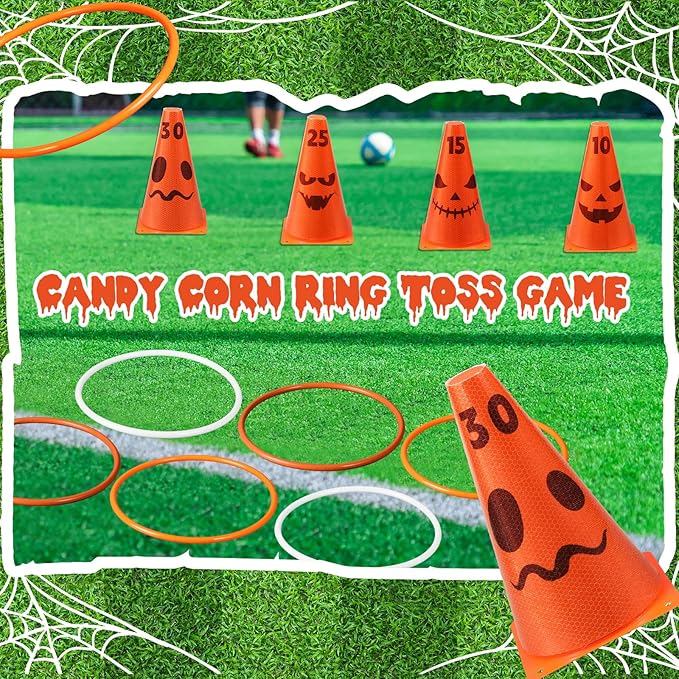 Leitee 6 Sets Candy Corn Ring Toss Game Plastic Cones Ring Toss Combo Set Mini Traffic Cones Toss Game for Sports Training Garden Backyard Outdoor Activities