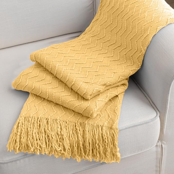 BATTILO HOME Yellow Throw Blanket for Couch, Textured Soft Gold Throw Blankets, Decorative Knitted Mustard Blanket for Sofa Bed Living Room, 50"x60"