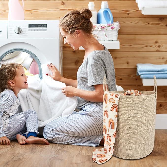 XUANGUO Cotton Rope Laundry Basket Hamper for Clothes Woven Storage Basket for Living Room Bedroom Boho Tall Rope Baskets for Blanket Toys Pillow Towels Baby Nursery Hamper Bin oatmeal