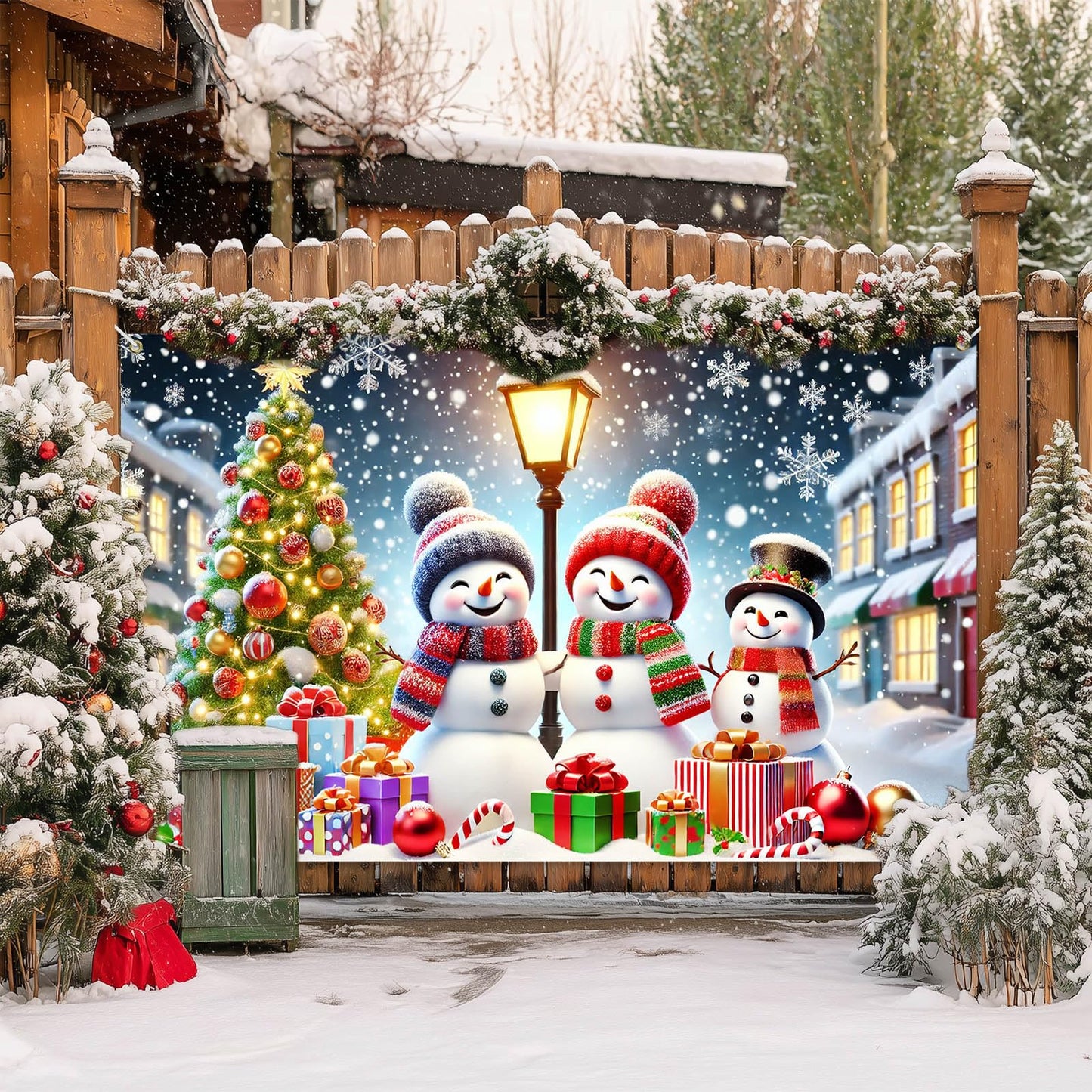 BlissYard Winter Christmas Snowman Banner Backdrop 71x43 Inch Holiday Wall Decoration with Snowy Night Tree Streetlight and Gift Scene for Indoor Party Display Merry Christmas Home Decor