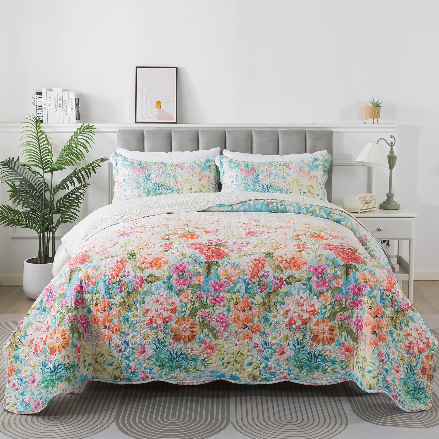 HoneiLife Quilt Sets Queen Size - Floral Quilt 3-Piece, Botanical Bedspreads Wildflower Coverlets for Queen Bed, Microfiber Bed Cover, All Season Quilts-Coral Pink