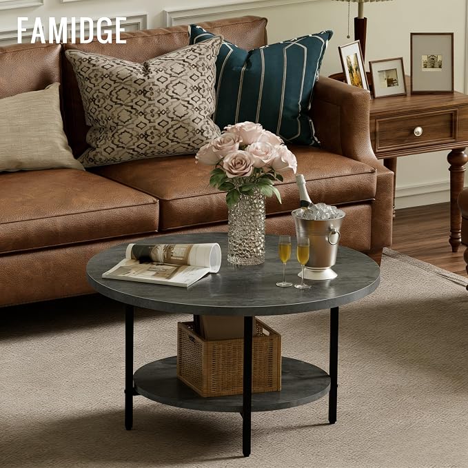 FAMIDGE Coffee Table, 27.6“ Circle Coffee Tables for Living Room, 2 Tier Round Coffee Table with Storage, Wood Accent Center Floor Table for Bedroom, Industrial Home Office, Elegant Gray