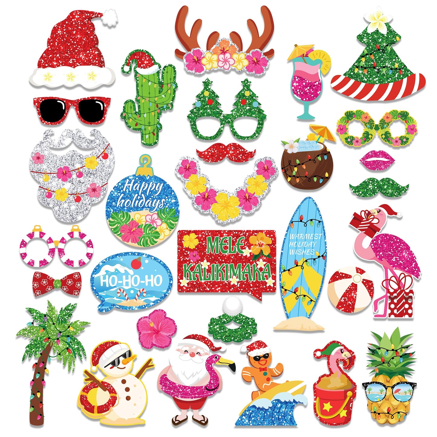 25-Piece Funny Tropical Christmas Photo Booth Props Kit - Beach Santa Holiday Party Supplies for Adults, Hawaiian Luau, Holiday Beach Party Decorations with Sticks & Stickers
