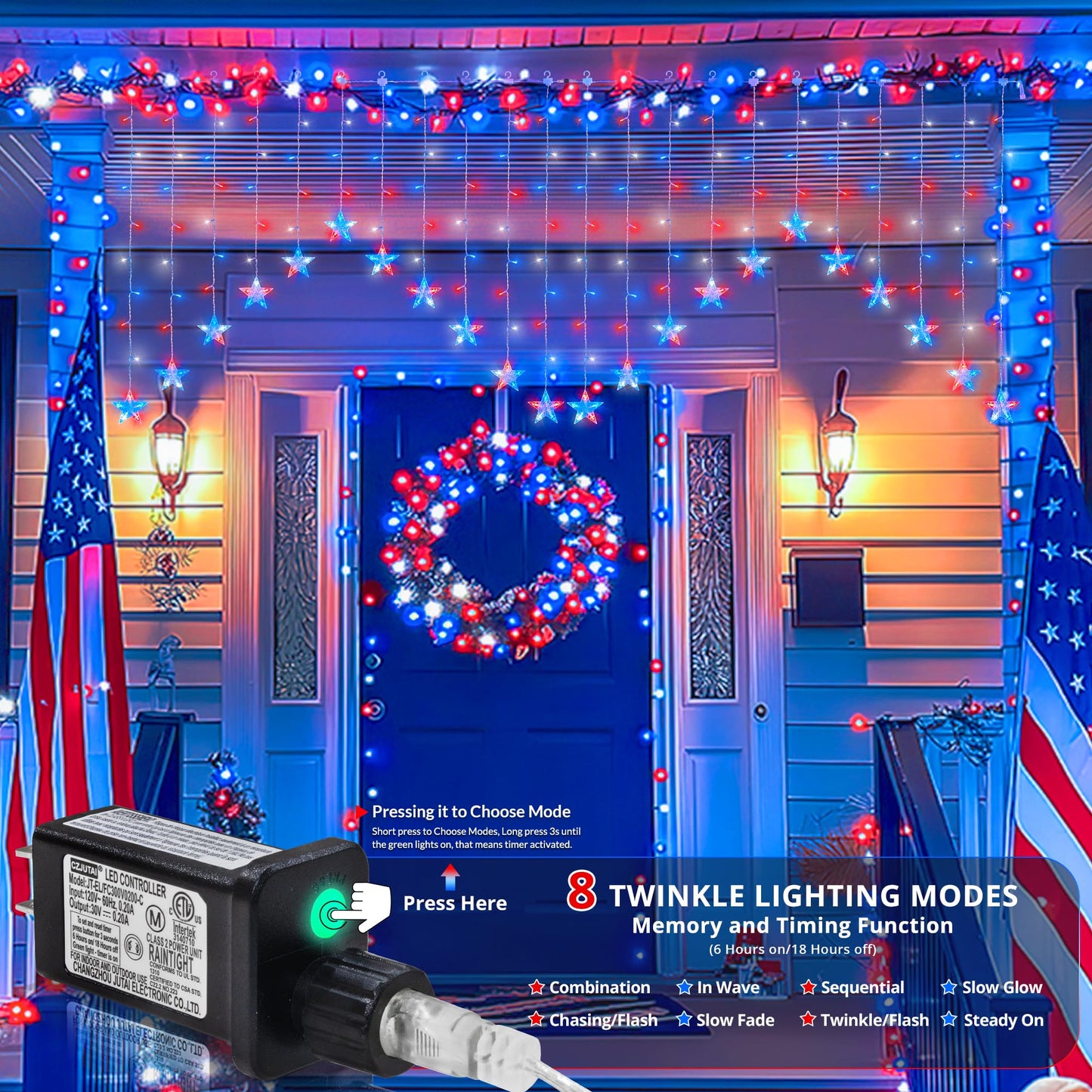 woohaha 4th of July Patriotic Star Icicle Lights,118LED Red White and Blue Curtain Window Lights,Connectable Star String Light Plug in for Independence Day,Garden,Fourth of July Decorations