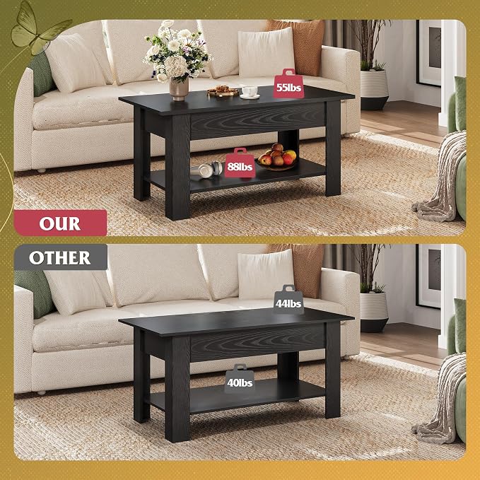 WLIVE Coffee Table, 39" Lift Top Coffee Table with Hidden Compartment, Storage Shelf and Lifting Top for Home Living Room, Office and Reception Room, Black Oak