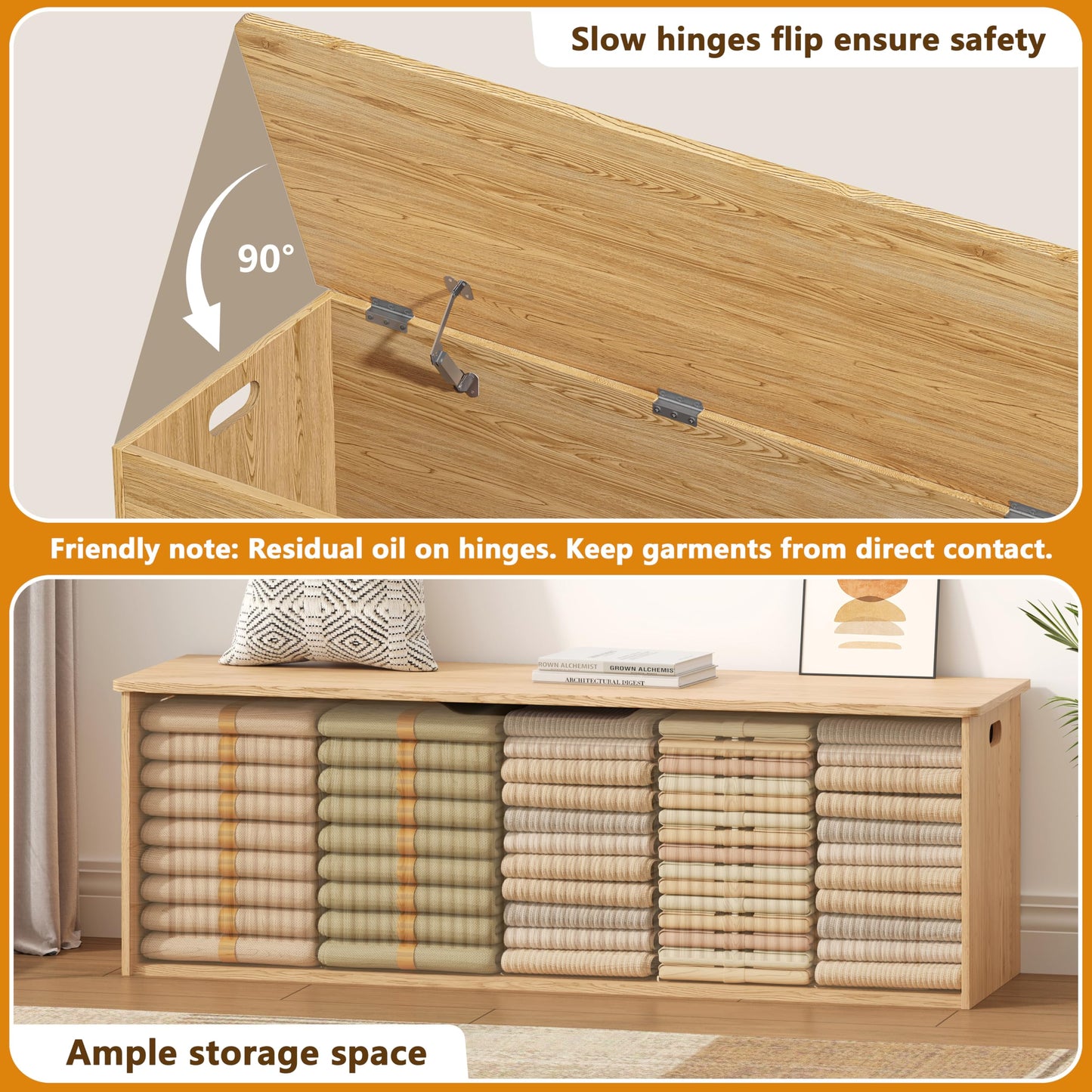 Akxomel Extra Large Fluted Storage Chest, 51.2" Storage Bench with 2 Safety Hinges, Shoe Bench, Wooden Box Bench, Long Storage Trunk with Lift Top, for Bedroom, Living Room, Entryway, Natural Oak